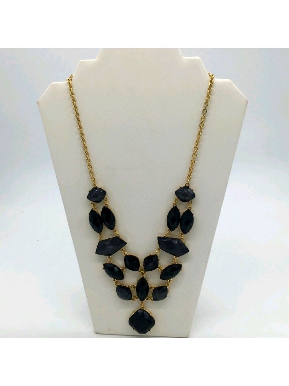 Charming Charlies Gold Tone Chain Faceted Cut Multi Strand Black Stone Necklace